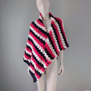 Vintage Handknit Striped Red White Blue Crochet Blanket Shawl